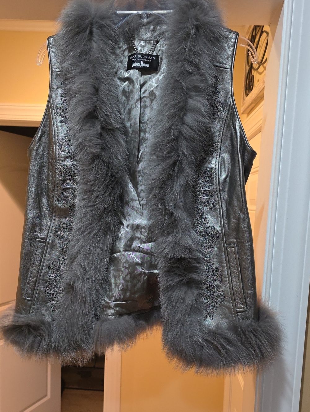Metallic Gray Faux-Fur Trim Vest